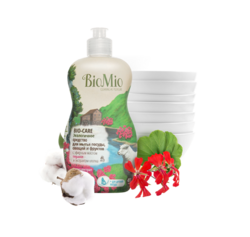 BIO-CARE Экологическое средство для мытья посуды, овощей и фруктов с эфирным маслом герани и экстрактом хлопка, 450 мл